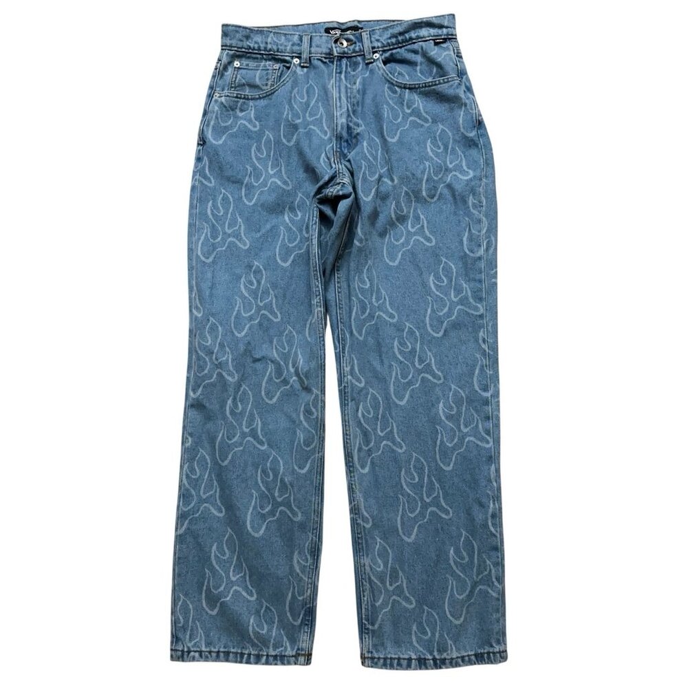Vans Check 5 Blaze Loose Fit Jeans Mens Size 31 Denim Baggy Flame Print Blue